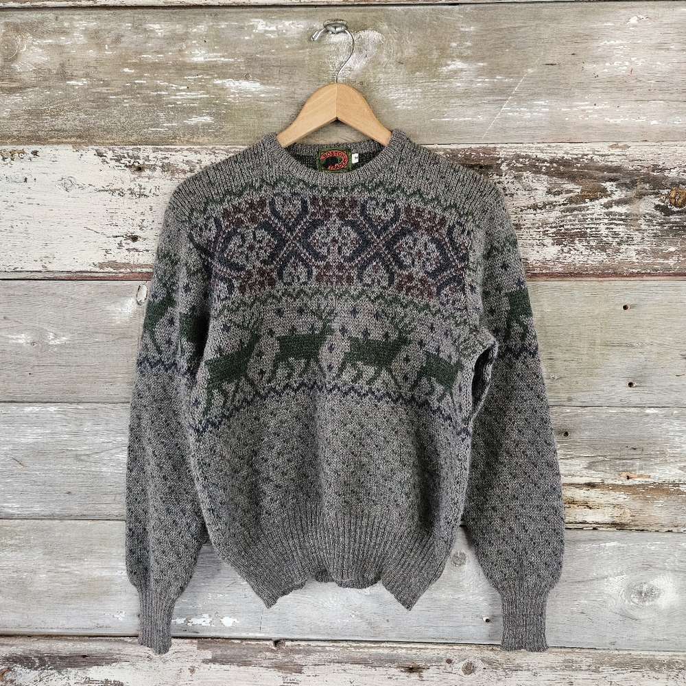 Vintage 80s Boston Traders 100% Pure Wool Nordic Design Fair Isle Sweater Medium